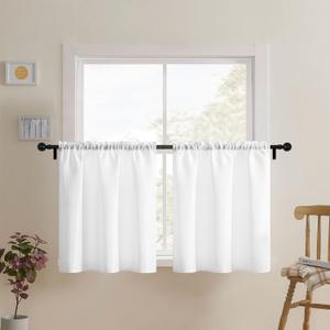 Home Queen White Waffle Bathroom Window Curtains, Water Repellent Rod Pocket Kitchen Drapes for Small Window, 2 Panels, 24 W X 24 L Inch Each