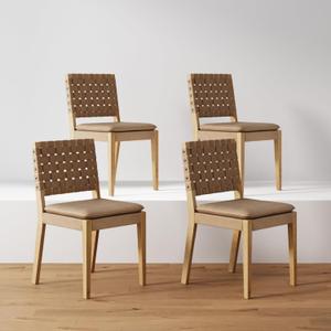 Nathan James Cohen Wood Dining Chair, Mid-Century Modern Upholstered Side Chair with Hand Woven Faux Leather Backrest, Natural Brown, Set of 4