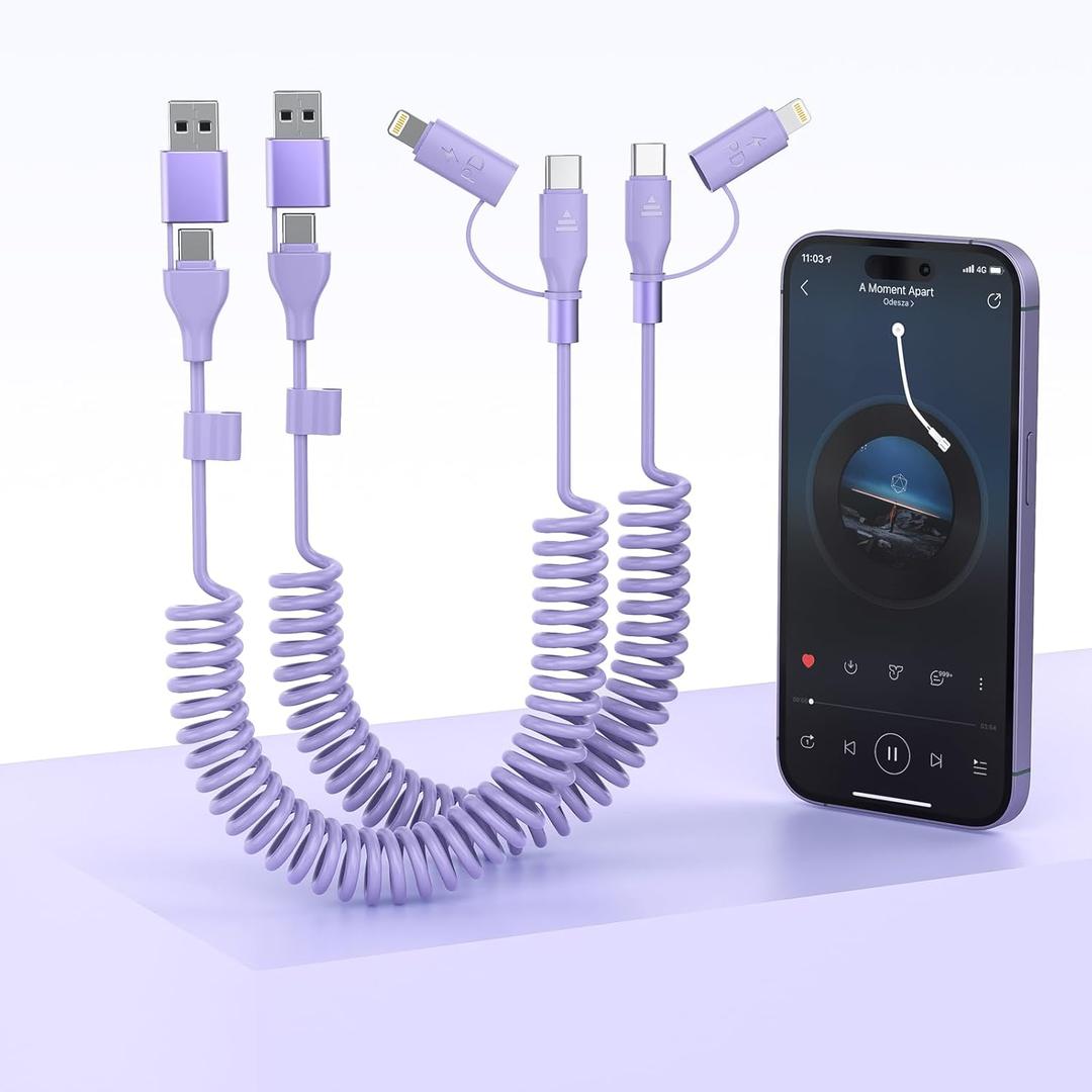 2 Pack Apple Carplay Coiled Multi 4-in-1 USBA/Type C to USB-C/Lightning Cable for Carplay& Android Auto,Purple 60W Fast Charge & Data Sync Car Charger Cord for iPhone 15/14/13/12,Samsung,Android-MFi