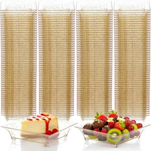 Mimorou 300 Pcs Mini Gold Glitter Clear Dessert Plates 1oz Disposable Appetizer Trays Bulk Small Square Plastic Dish for Party Birthday Wedding Tasting Serving Cake Salad Fruit Sauce Snack, 2.4 Inch