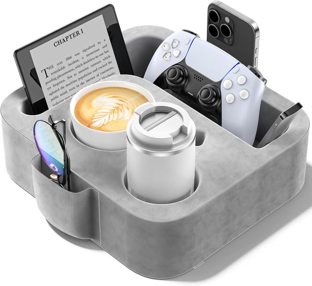 Couch Cup Holder Pillow, Sofa and Bed Caddy for iPad, Kindle, Switch, Game Controller, Remotes, Phones, Small-Sized Cup & Drink Holder for Couch, Bed, Desk, Car, Beach, Bathroom Cup Holder (3 Grooves, Ash Gray)