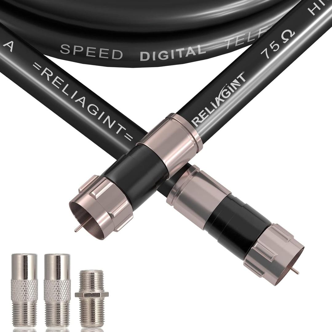 40ft RG6 Coaxial Cable Black, 75 Ohm Coax Cable with F Connector & F81 Double Female Coupler, Low Loss High-Speed TV Antenna Extension Cord for HD TV, Satellite & Dish