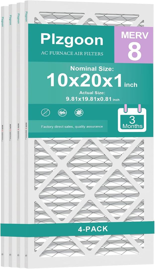 10x20x1 Air Filter MERV 8 MPR 600 (4 Pack) Pleated HVAC Furnace Filters for Home Air Conditioner AC Heating System (Exact Dimensions: 9.75"L x 19.75"W x 0.75"Th)