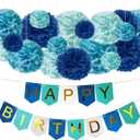 DIY Blue Birthday Decorations - Happy Bday Party Banner Sign and DIY Tissue Paper Pom-Pom Decor Kit for Kids, Teens, Boys, Girls - Under the Sea Beach Shark Whale Pool Dragon Theme Party Supplies