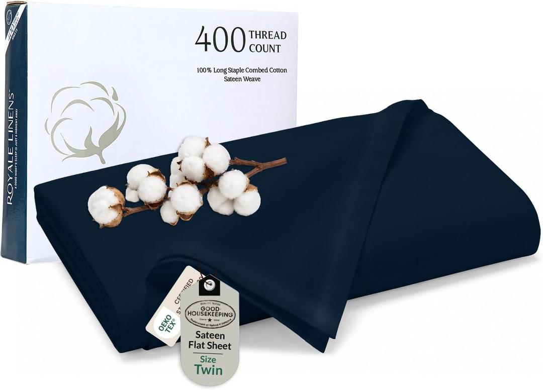 Royale Linens 400 Thread Count 100% American Grown Cotton Flat Sheet - Cooling Sheets - Twin Sheets - Luxury Sateen Weave - Twin Flat Sheet Sold Separately - Navy Flat Sheet Only (Twin, Rivera Navy)