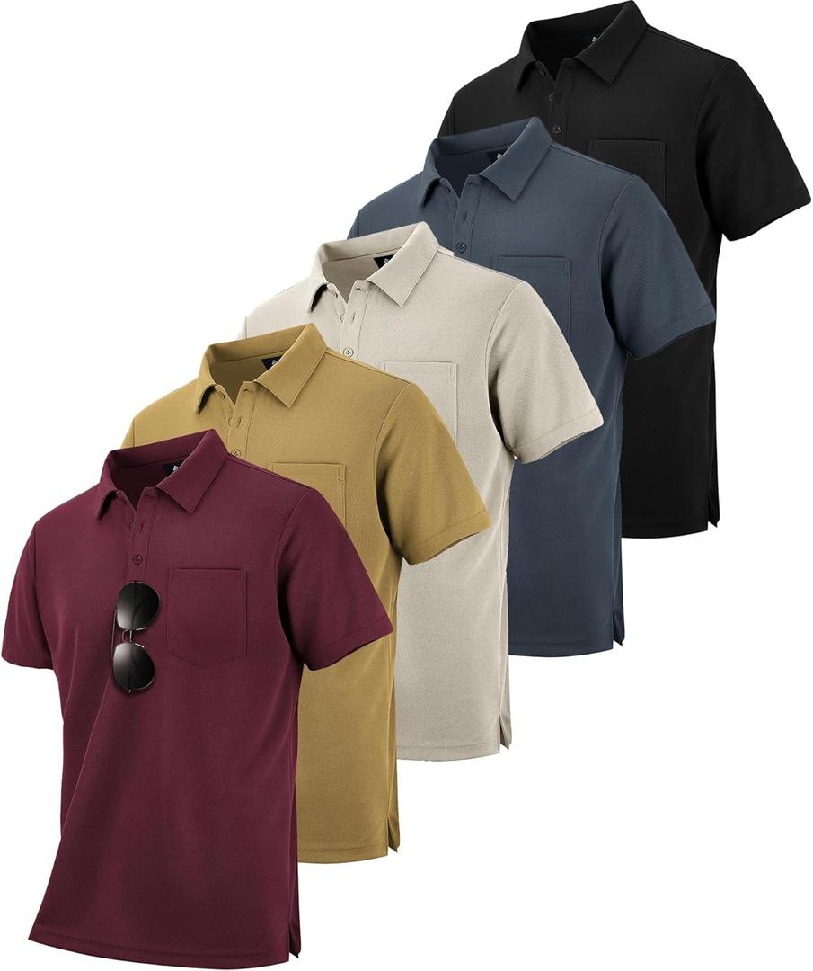 SCODI 5 Pack Mens Pocket Polo Shirts Short Sleeve Multipack Golf Shirt for Men Moisture Wicking Casual Athletic Work T-Shirts (L)