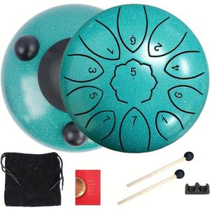6 Inch 11 Notes Steel Tongue Drum, Engraved Note Rain Drum, Pre-Tuned Handpan Drum with Mallets, Music Score & Storage Bag, Percussion Instrument for Relaxation, Camping & Gift (Green)