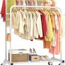 Laiensia Double Rods Garment Rack with Wheels, Clothing Rack for Hanging Clothes,4 Hooks, Multi-functional Bedroom Clothes Rack, White