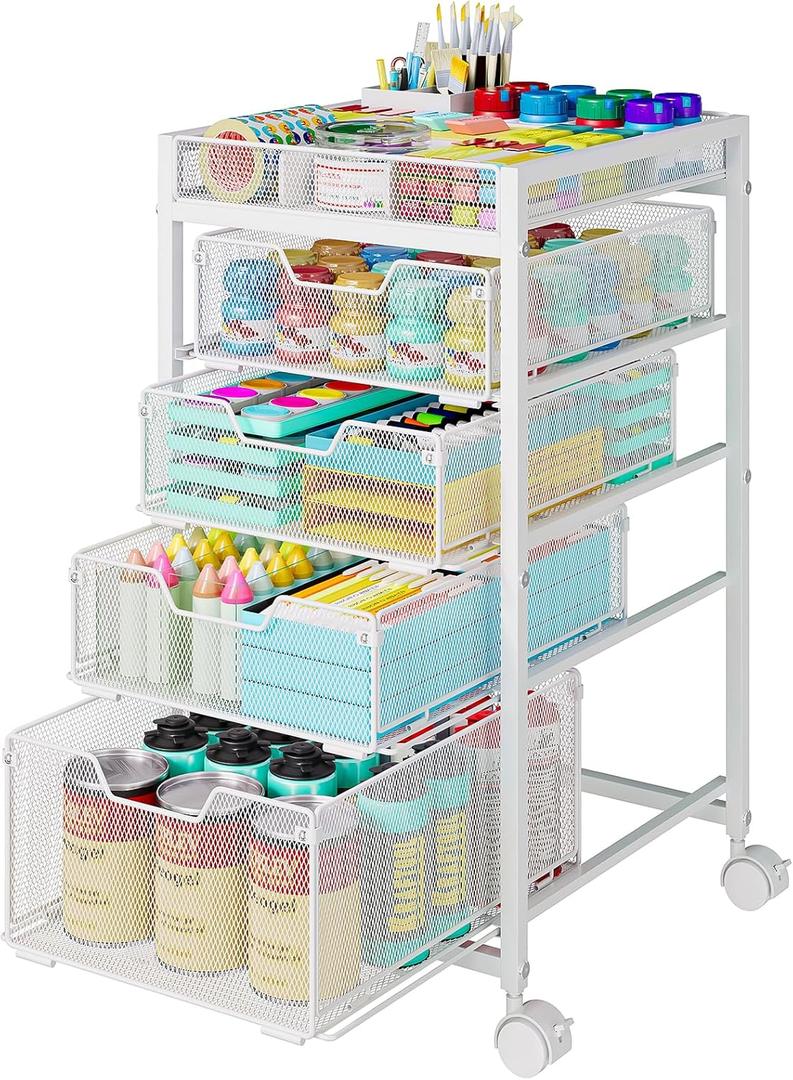 Rolling Utility Cart with 4 Drawers, Craft Organizer and Storage Carts with DIY Divider, Lockable Wheels Storage Organizer for Art Supplies, Store for Brushes & Paints & Artifacts, White