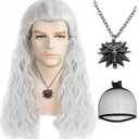 BESTBEL +Hair Cap 1 Necklace Long Curly Silver Wig Gray White Wigs with Accessories for Men Halloween Party Costume Cosplay