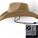 Wildarms Cowboy Hat with Bandana - Adjustable Wide Brim Western Hat for Men & Women,Rodeo Christmas Cowgirl Hats Gifts (Medium, Bull2-camel)