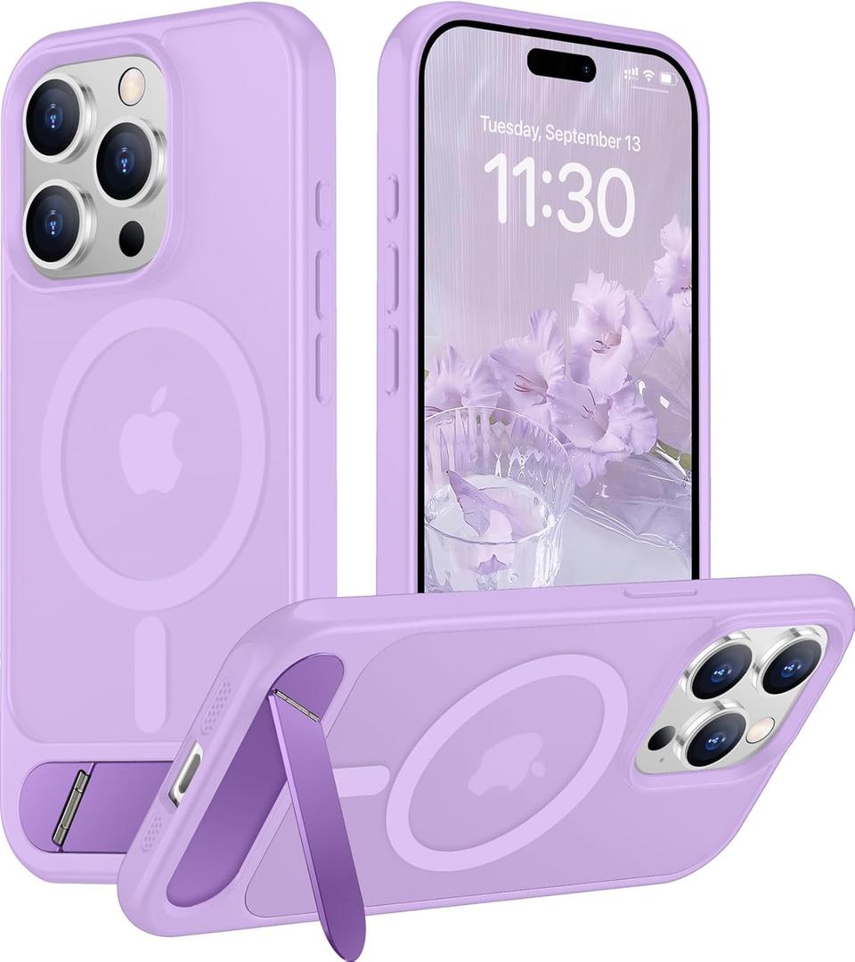 Temdan Magnetic Compatible with iPhone 15 Pro Max Case, [Built-in Invisible Kickstand][Compatible with MagSafe][Military Grade Shockproof] Slim Translucent Matte Phone Case for iPhone 15 Pro Max 6.7" (Light Purple)