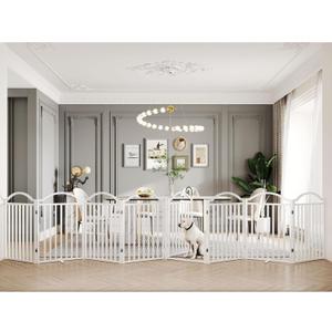 BHG Metal No-Assembly Freestanding Dog Gate with Door Walk Through, Extra Wide 96", Extra Tall 32" Pet Gate, Accordion Puppy Folding Playpen Dog Fence, with 4PCS Support (White, 8 Panels)