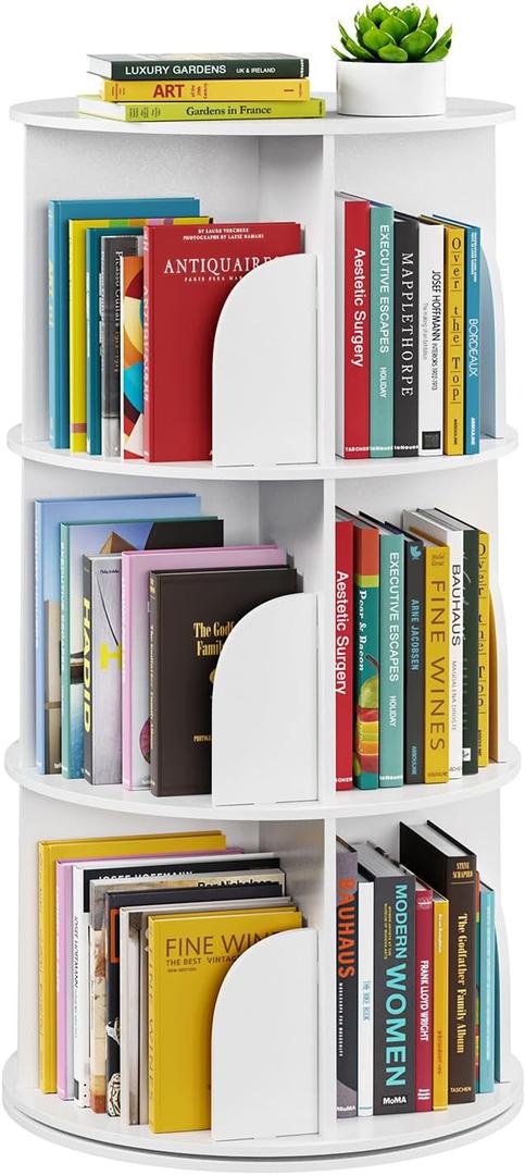 SpaceAid 3 Tier Rotating Bookshelf Tower, Spinning Bookcase Lazy Susan, Revolving 360 Book Shelf Storage Round Carousel, Vertical Rotate Turning Spiral Corner Organizer, White, 3 Tier, 37.8" H