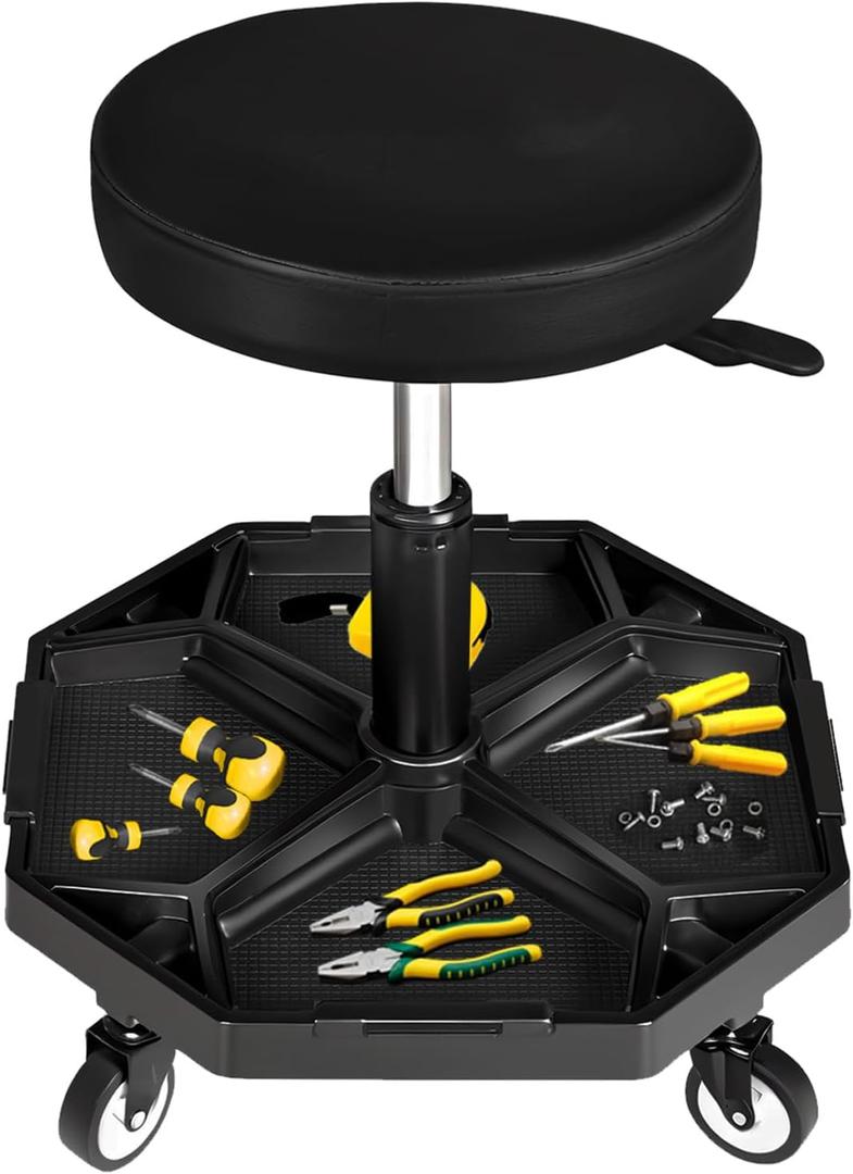 YELLOW JACKET Rolling Garage Seat with Wheels Adjustable Height Pneumatic Mechanic Stool 300Lbs Heavy Duty Shop Creeper Seat with 4 Removable Storage Tool Tray Workshop Chair for Auto Repair (Black)