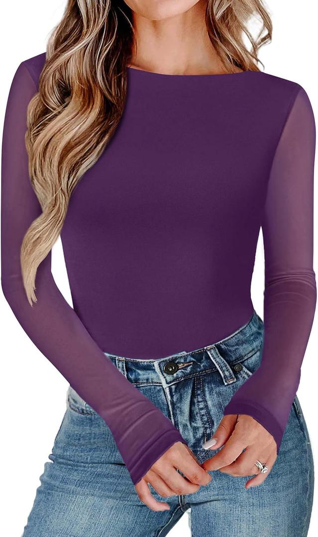 Avidlove Women Long Sleeve Body Suits Mesh Boat Neck Shapewear Bodysuit Crew Neck Leotards Going Out Tops Fall Outfits, M