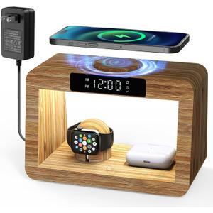 Bamboo Wireless Charging Station,Wireless Charger with Digital Alarm Clock and Night Light, Fast Charger Stand for iPhone 15/14/13/12/11 Pro Max/X/Xs, AirPods Pro, iWatch Series 8/7/6/5/SE (Wireless Charging Station With Light & Alarm Clock)
