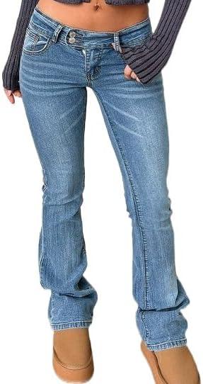 Women's Stretch Low Rise Double Button Elastic Skinny Vintage Flare Jeans S