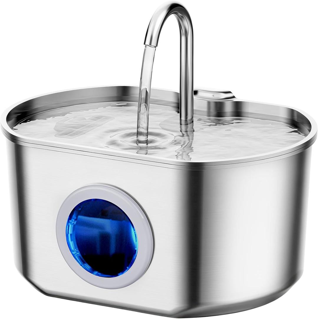 Cat Water Fountain Stainless Steel: 74oz/ 2.2L Cat Fountain for Drinking- Pet Water Fountain Inside - Automatic Dog Watering Dispenser Bowl - Pet Feeding & Watering Supplies - Water Level Window