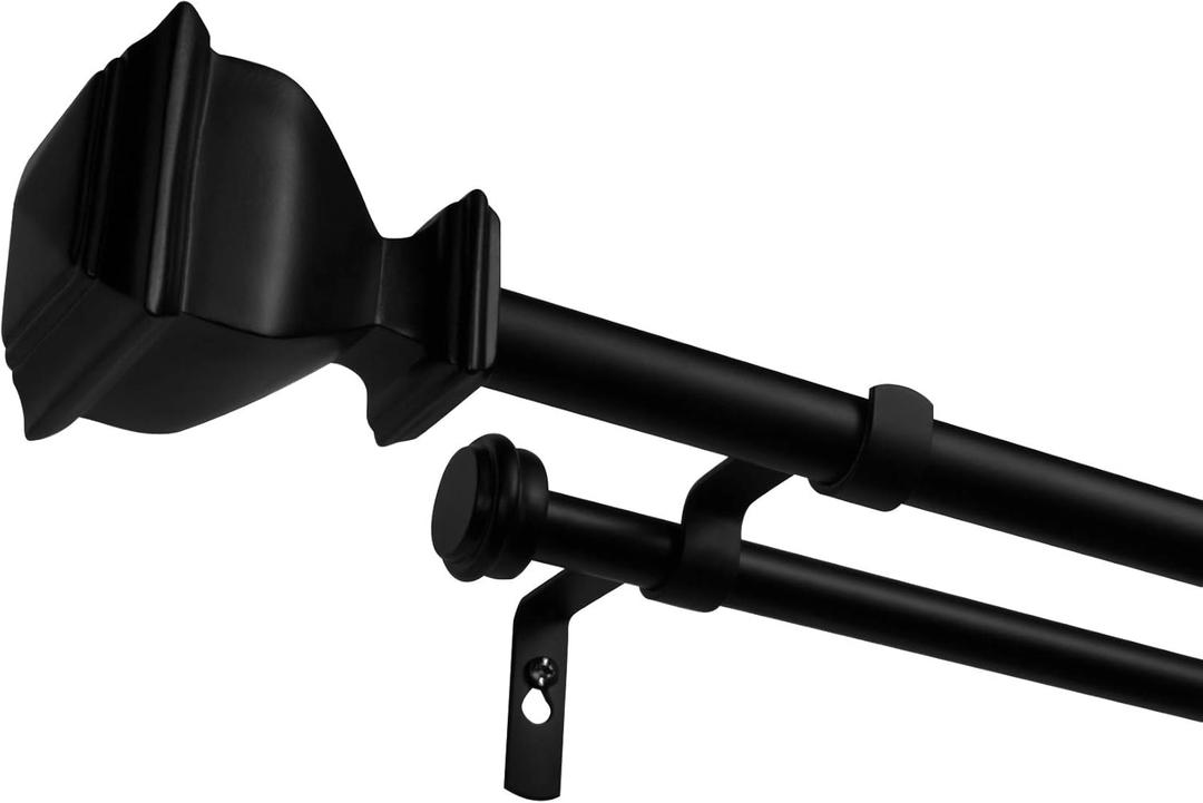 EXCLUSIVE HOME Napoleon Double Curtain Rod and Finial Set, Matte Black, 36"-72"