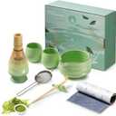 Japanese Style Ceramic Matcha Set - 9 Pcs Kit with 530ml Bowl, 2 Gold-Inlaid Cups, Bamboo Whisk/Scoop, Stainless Steel Sifter & Landscape Painting Towel - Gift for Tea Lovers (Green)