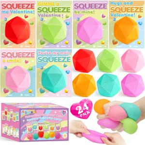 Valentines Day Cards for Kids School with Diamond Squeeze Stress Balls, Valentines Day Gifts for Kids, 24 Pack Stretchy Toy for Classroom Exchange, Valentine's Party Favor Prize for Boys Girls
