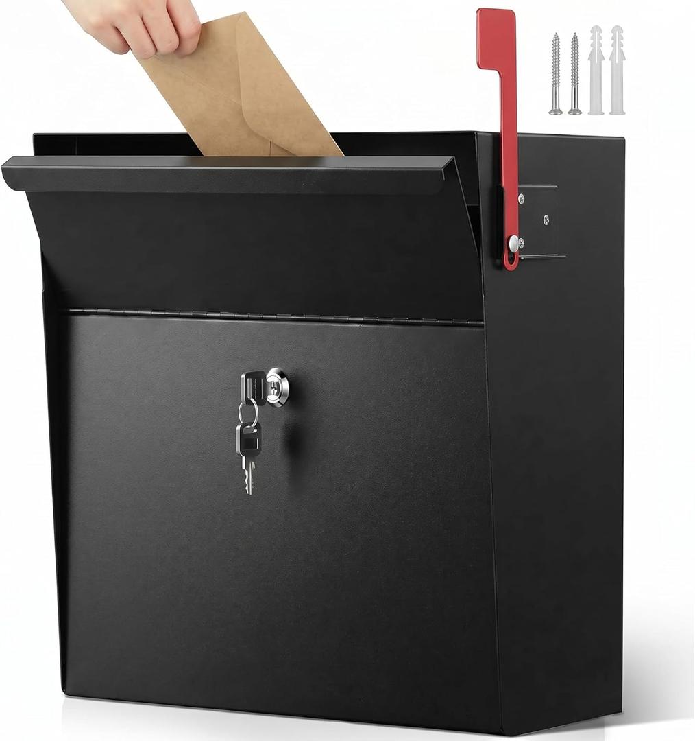 Yaocom Extra Large Wall Mount Mailboxes for Outside 15.35 x 15 x 7 Inches Locking Security Mail Box Galvanized Steel Wall Mailbox Large Capacity Post Box with Key Lock and Reflective Stickers(Black)