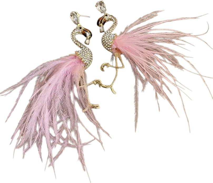 Fairy Pink Flamingo Bird Drop Earrings For Women Bohemian Feather Long Tassel Dangle Earring Rhinestones Wedding Party Jewelry