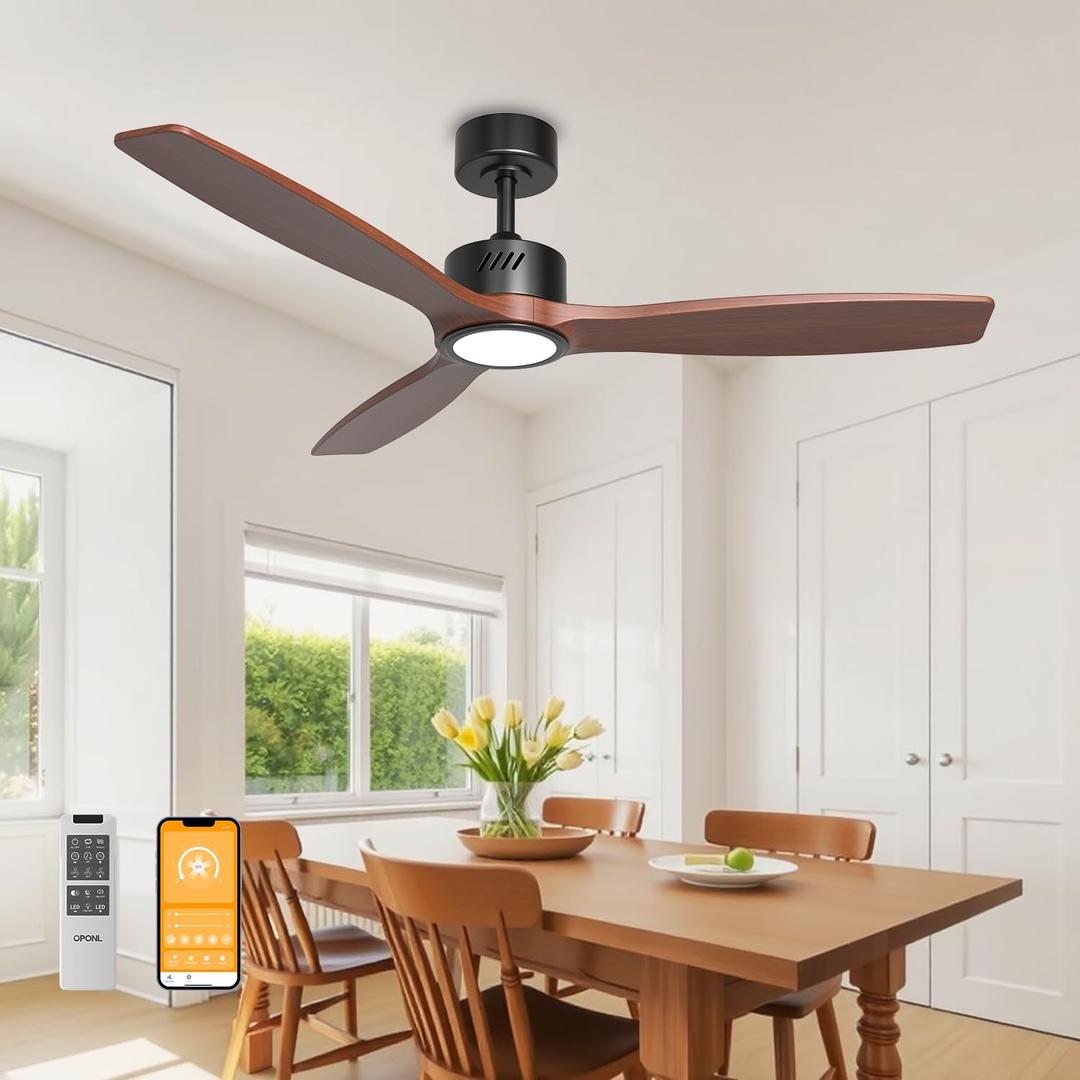 Natual Solid Wood Ceiling Fan with Light 52 Inch, Low Profile, Remote Control, Downrod Mount, Noiseless, Reversible, 6CCT, Dimmable, 6 speeds, Timeable, Ceiling Fans with Lights for Living Room (Black + Walnut)