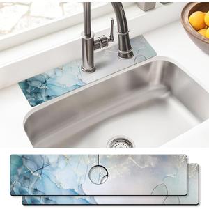Sink Faucet Absorbing Mat, 2 Pack Drying Mat Around Faucet Sink Splash Guard Behind Faucet Sinkmat For Kitchen Bathroom Island Rv 24 * 5.5 Inch (60 * 14 cm) (Marble)