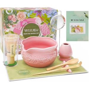 Pink Matcha Set, 8 Pcs Complete Ceramic Matcha Making Kit with Bowl, Bamboo Whisk & Holder, Stainless Sifter, Tea Towel, Scoop & Scoop Rest
