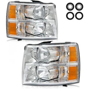 AS Headlight Assembly for 2007-2013 Chevy Silverado 1500/2007 2008 2009 2010 2011 2012 2013 2014 Chevy Silverado 2500HD 3500HD Chrome Housing Amber Reflector Replacement Pair