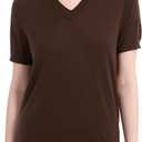 Women's 100% Merino Wool Sweaters Short Sleeve V Neck Sweater T-Shirt Business Summer Pullover Tops Vacation Outfits (Brown, L)