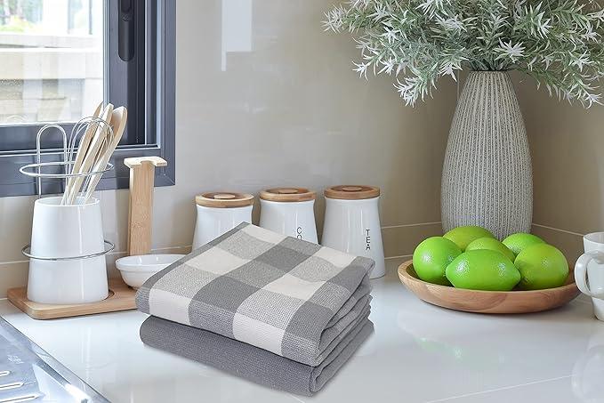 POPULAR HOME BUFFALO CHECKERED LUXURIOUS HEAVY WEIGHT KITCHEN TOWEL SET THE REGAL TOUCH STYLE ULTRA SOFT COTTON Taupe
