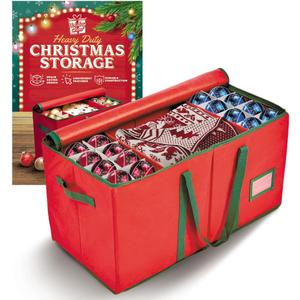 Holiday Cheer Premium Christmas Ornament Storage  Christmas Storage Container for Home Decorations and Festive Office Organizer  Fits 128 Holiday Ornaments  Tear-Proof Fabric (Red)