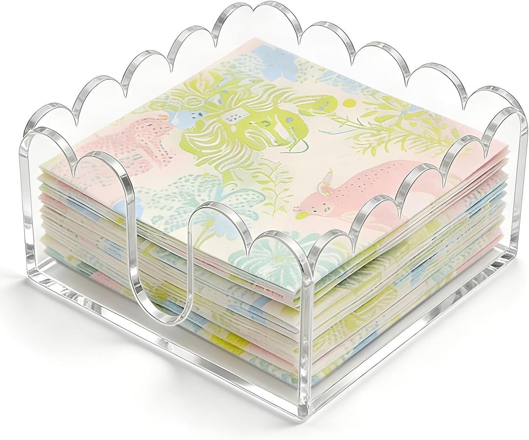 Scalloped Acrylic Napkin Holder - Clear Square Cocktail Napkin Holder for Table, Chic Wavy Edge Paper Dispenser for Bar, Kitchen & Beverage, with 8 Non-Slip Pads (5.91 5.91 2.36 inches)