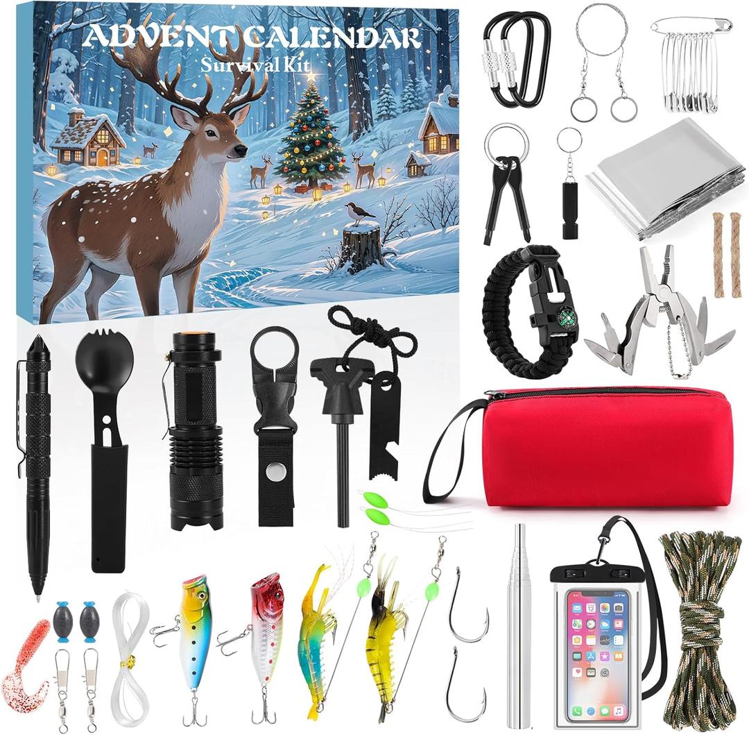 Survival Kit Advent Calendar 2026 Adult for Men Teen - Survival Tools 24 Days Christmas Countdown - 2026 Xmas Surprise Gift for Outdoor Fishing Camping Hunting Enthusiasts