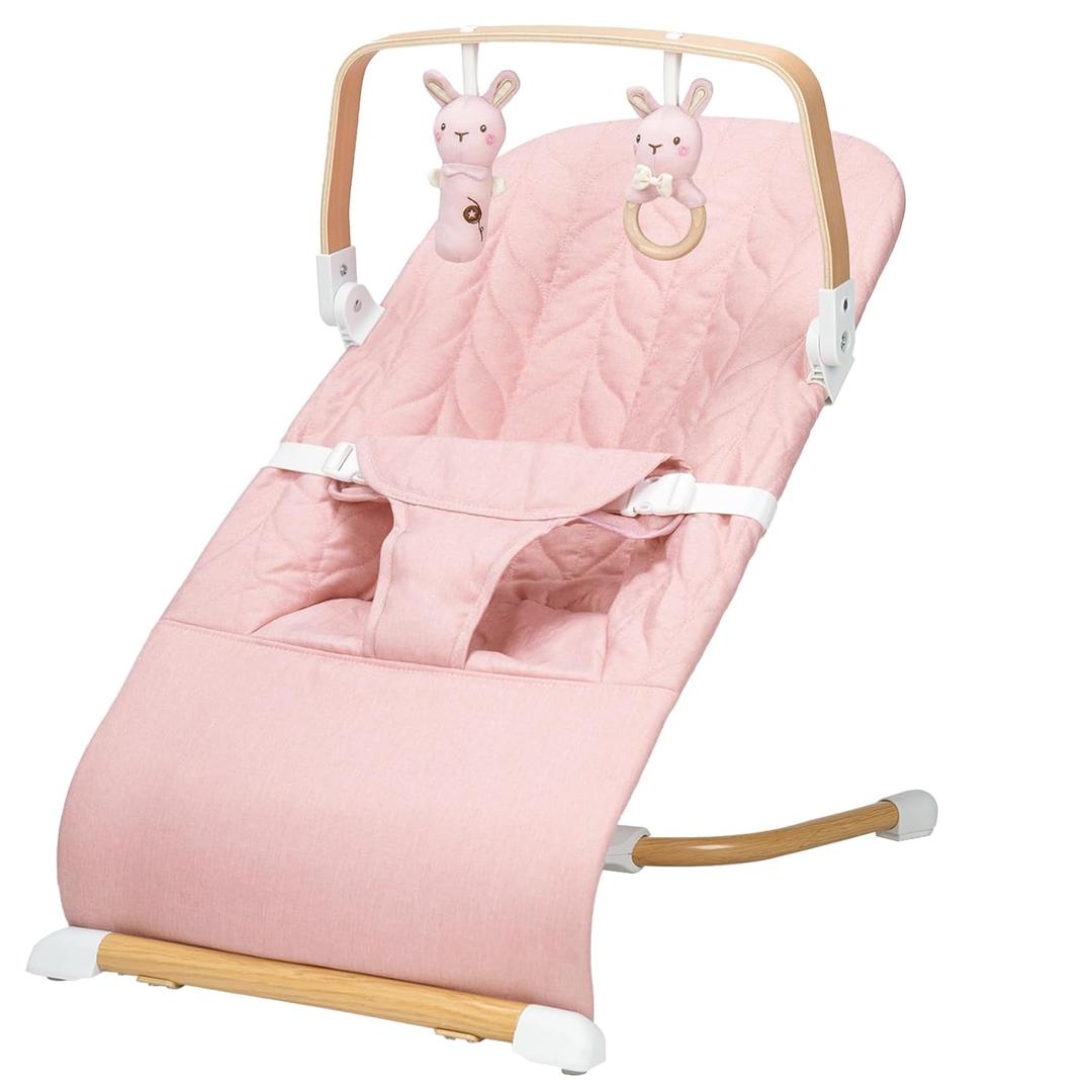 Portable Baby Bouncer, Bouncer Seat for Babies 012 Months, 3 Recline Positions, Foldable Baby Rocker Chair with Removable Wooden Bar, Pink