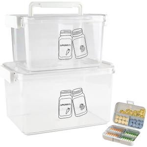 3 Pack Supplement Bottle Organizer with Travel Pill Organizer, Clear Plastic Vitamin Pill Bottle Organizer with Lid & Handle, Stackable First Aid Box Empty for Medicine, Fish Oil, Supplements