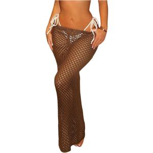 Milumia Women's Hollow Out Crochet Swimsuit Cover Up Skirt Beach Coverup Bodycon Maxi Skirt (Large, Brown)