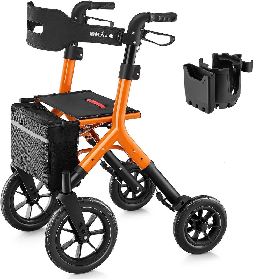 MAXWALK Rollator Walker with Seat, Tall Walkers for Seniors, 12" Big Rubber Wheels All Terrain Rollator Walker with Backrest, Built-in Cable, Foldable and Dual Adjustable Height for 5.3-7ft, Orange