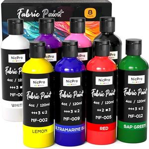 Nicpro 8 Colors Permanent Fabric Paint (4 oz, 120 ml) Soft Fabric Paint for Clothes, Non-Toxic Textile Paint for Fabric DIY Crafts, T-shirts, Shoes Jeans Bags Canvas for Adult with Color Wheel