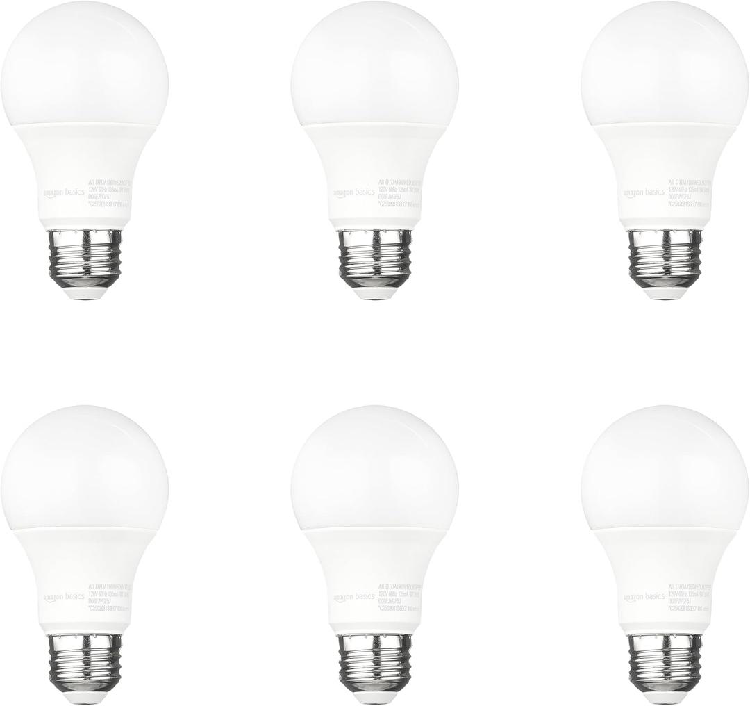 Amazon Basics A19 Dusk to Dawn Sensor LED Outdoor Light Bulb, 60W Equivalent, Energy-Efficient 9W, Daylight White, 5000K, E26 Base, 10,000 Hours, 6 Count (Pack of 1)