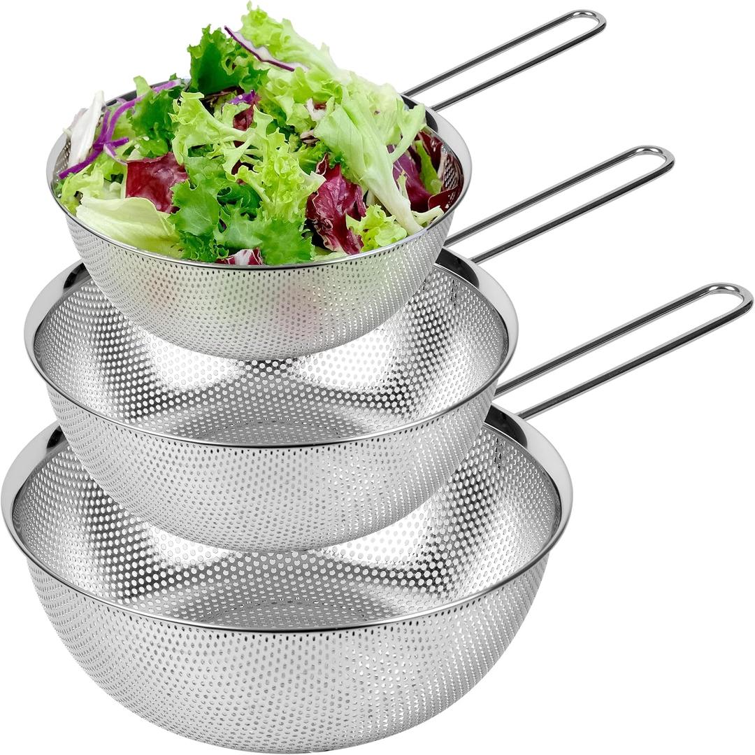 Premium 18/8 304 Stainless Steel Set of 3  Micro-Perforated Strainer with Long Handle, Self-Draining Base for Pasta Rice Vegetables, 18/8 304 Heavy Duty (1.5, 2.5, 4 Qt) Made in Korea