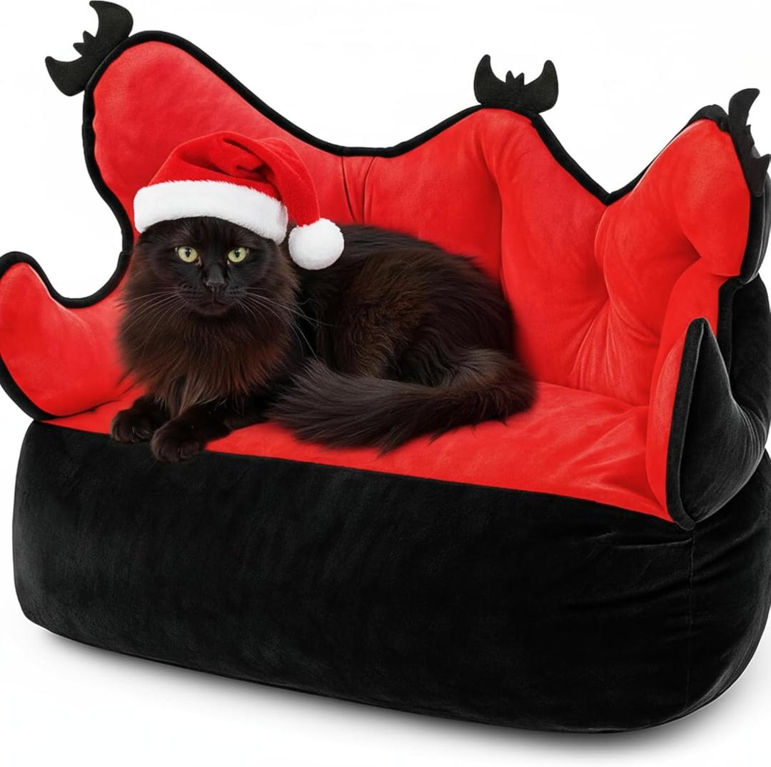 AceOrbit Goth Cat Bed, Washable Gothic Pet Bed 24 Inches for Indoor Cats, Black and Red Warm Couch, Funny Christmas Kitten Sofa Gift for Kittens and Dogs