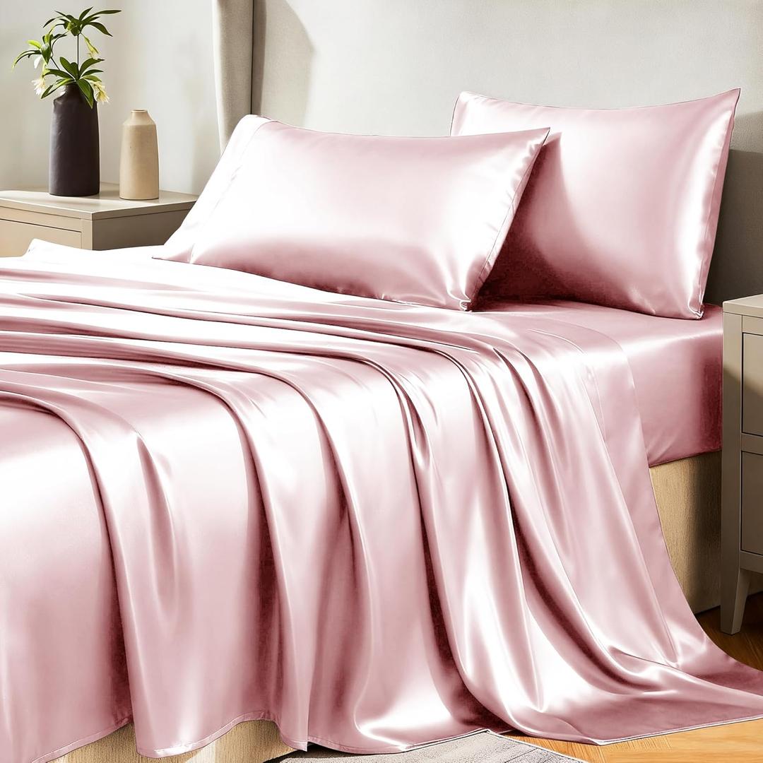 CozyLux Satin Sheets Queen Size Bed Set - 4 Piece Silky Queen Sheet Set, Luxury Dirty Pink Queen Sheets with Smooth and Soft Microfiber, Includes 1 Fitted Sheet, 1 Flat Sheet and 2 Pillowcases