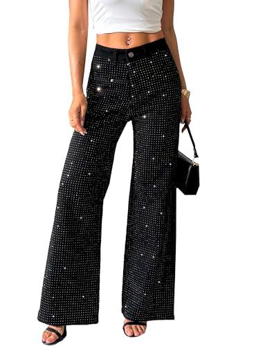 heipeiwa Women's Rhinestone Jeans Wide Leg Flare Denim Pants High Waist Sparkle Shiny Sequin Glitter Trouser Black