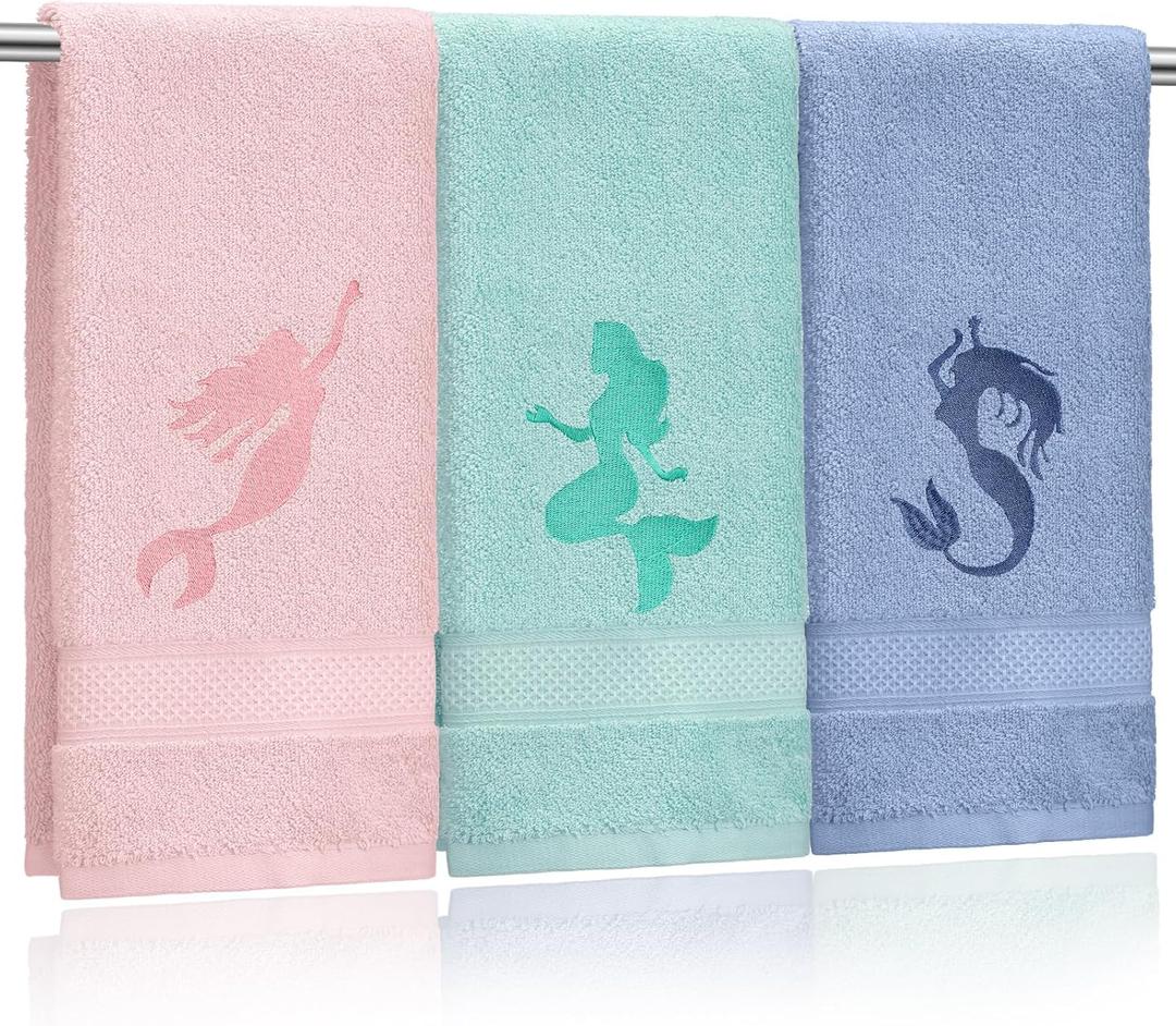 Pack of 3 Coastal Mermaid Hand Towels for Bathroom 100% Cotton Embroidered Beach Bathroom Towels 13.78 x 29.53 Inch Soft Absorbent (Pink Green Blue, Mermaid)