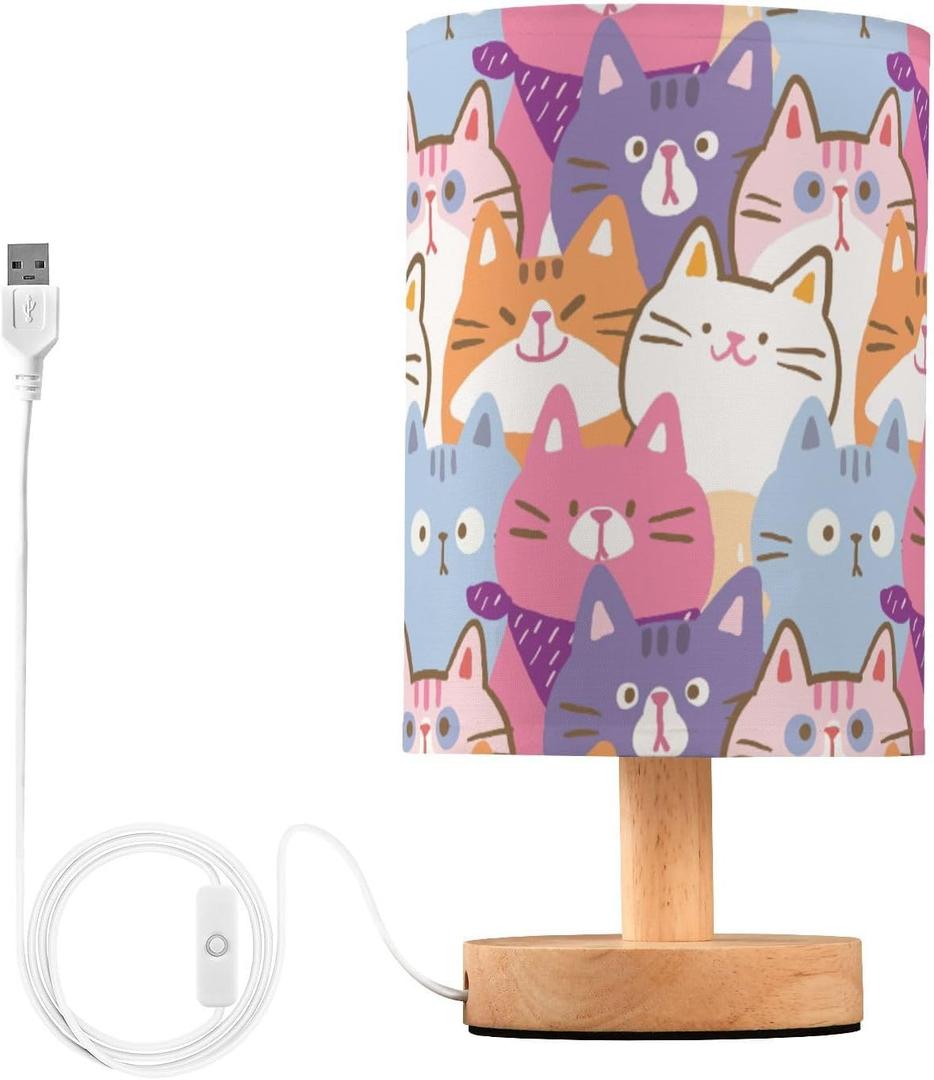Bedside Lamp Cartoon Cat Table Lamp for Bedroom LED Nightstand Lamp Shade USB Ports Wood Base for Living Room Dorm Office (5.12x9.7in, A014)