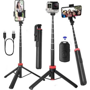 66" Tripod for iPhone & Camera, Portable Phone Tripod with Rechargeable Remote Control and Rotate Phone Stand, Selfie Stick for iPhone/Gopro and Cameras (Red, 66 in)